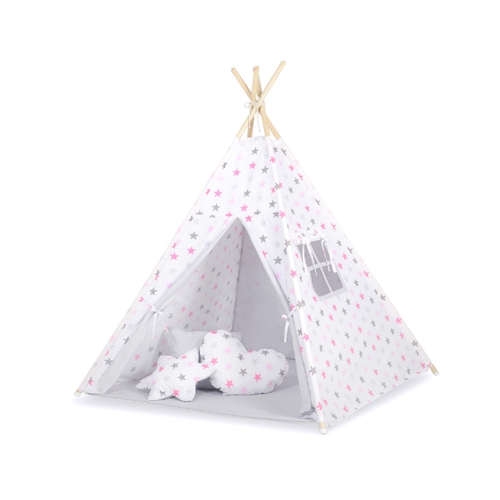 MEGA SET: Kids Teepee tent + playmat + pillows + decorative feathers- Stars pink-Gray/Gray