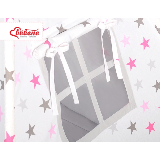 MEGA SET: Kids Teepee tent + playmat + pillows + decorative feathers- Stars pink-Gray/Gray