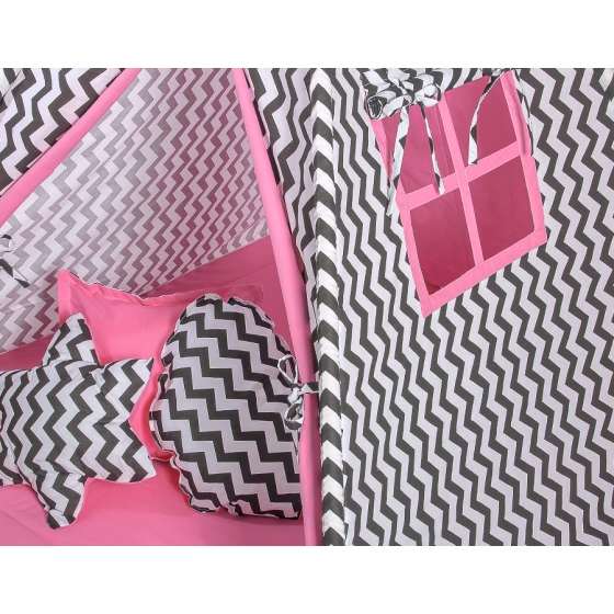 Mega Set: Teepee tent+playmat+pillows - Chevron black/ pink