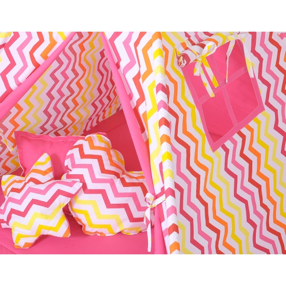 Mega Set: Teepee tent+playmat+pillows - Chevron pink-yellow