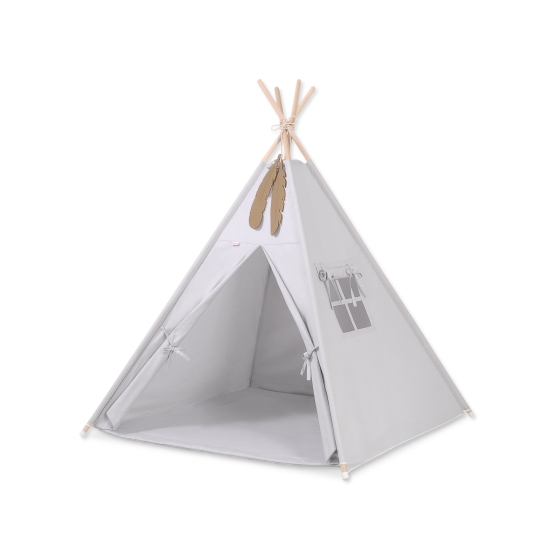 MINI Set: Teepee tent for kids + play mat+ decorative feathers -gray