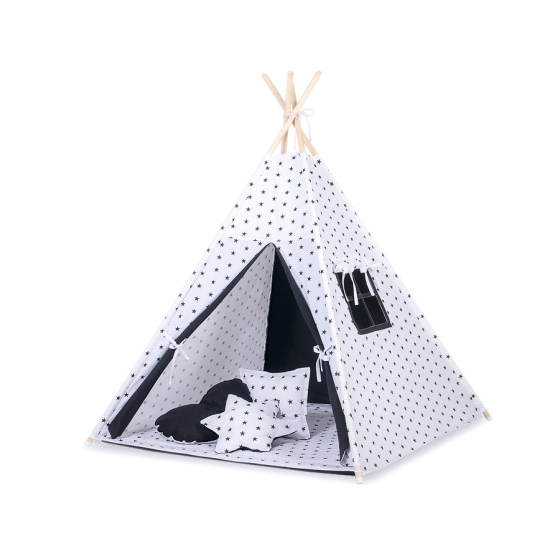 MINI Set: Teepee tent for kids + play mat + decorative feathers- Black Stars/black