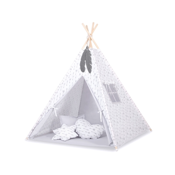 MINI Set: Teepee tent for kids + play mat + decorative feathers- Gray arrows