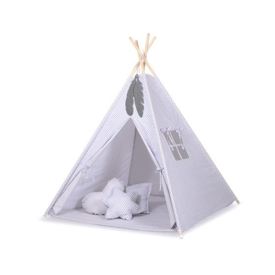 MINI Set: Teepee tent for kids + play mat + decorative feathers- Gray flowers