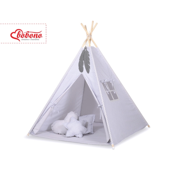 MINI Set: Teepee tent for kids + play mat + decorative feathers- Gray flowers