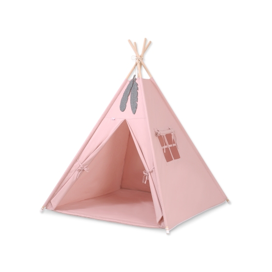 MINI Set: Teepee tent for kids + play mat + decorative feathers - pastel pink