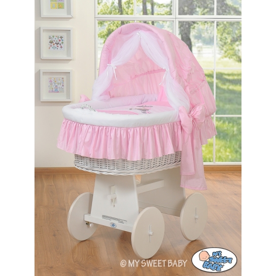 Moses Basket on Wheels from My Sweet Baby Wicker crib with hood- Donkey Luca pink