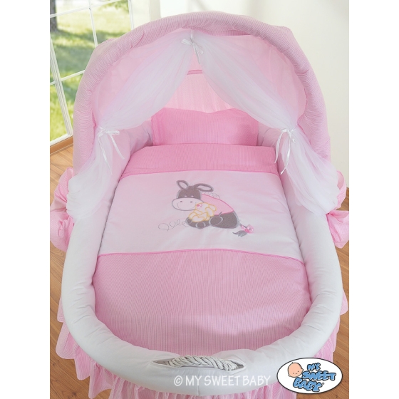 Moses Basket on Wheels from My Sweet Baby Wicker crib with hood- Donkey Luca pink