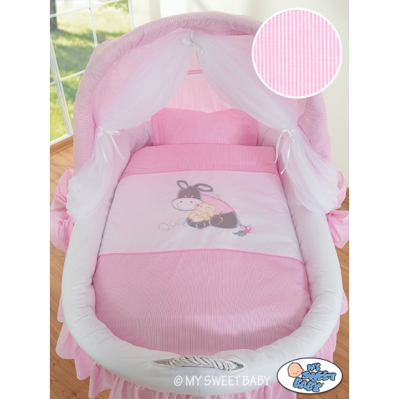 Moses Basket on Wheels from My Sweet Baby Wicker crib with hood- Donkey Luca pink