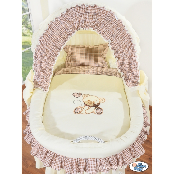 Moses Basket on Wheels - My Sweet Baby Wicker crib with hood- Bear with bow brown