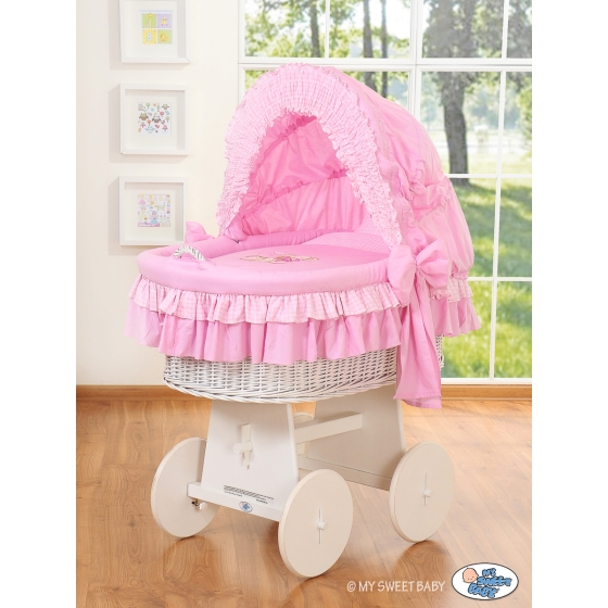 Moses Basket on Wheels - My Sweet Baby Wicker crib with hood- Bear with bow pink