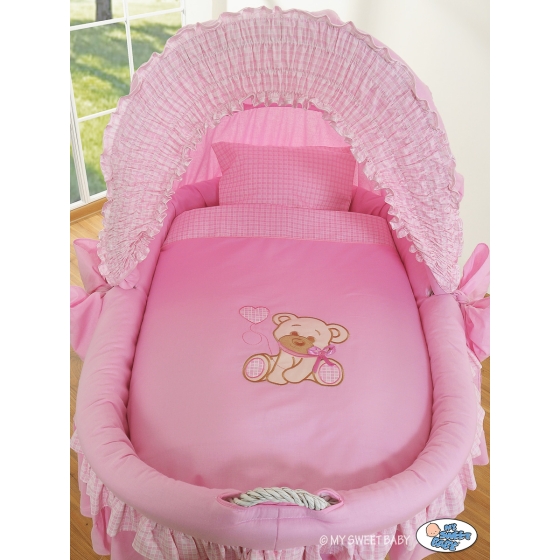Moses Basket on Wheels - My Sweet Baby Wicker crib with hood- Bear with bow pink