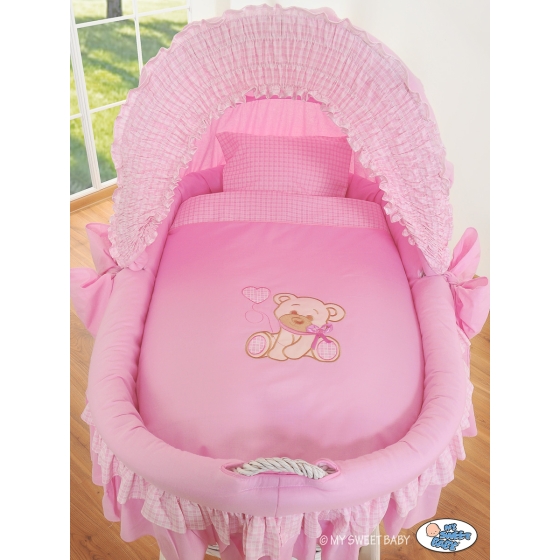 Moses Basket on Wheels - My Sweet Baby Wicker crib with hood- Bear with bow pink