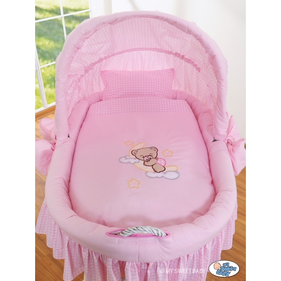 Moses Basket on Wheels - My Sweet Baby Wicker crib with hood- Good night pink