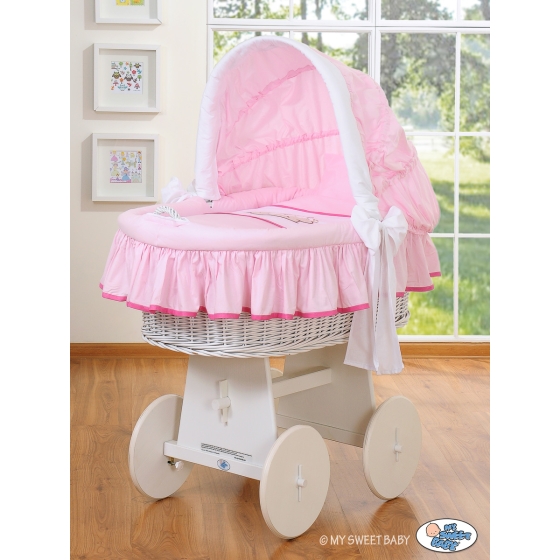 Moses Basket on Wheels - My Sweet Baby Wicker crib with hood- Teddy Bear Barnaba pink