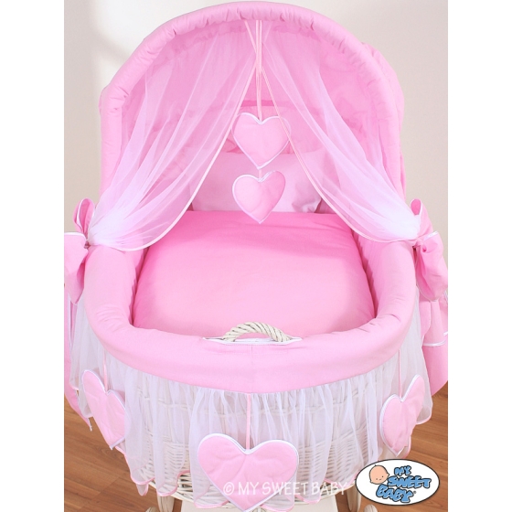 Moses Basket on Wheels - Wicker crib with hood- Amelie pink
