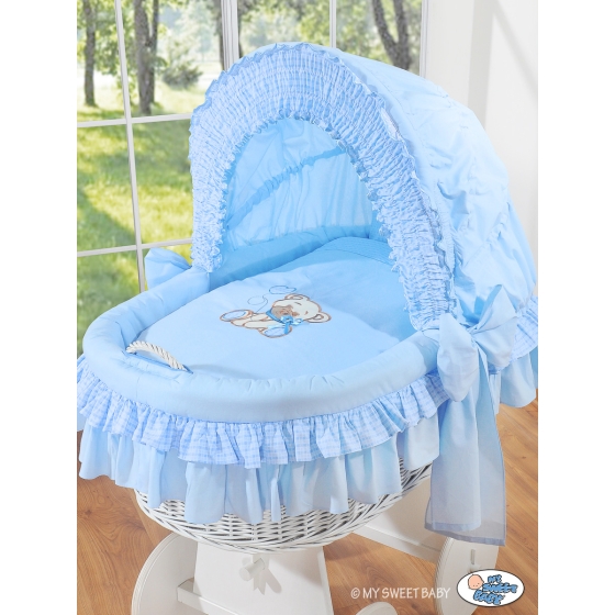 Moses Basket on Wheels - Wicker crib with hood- Bear with bow blue