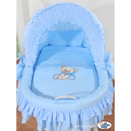 Moses Basket on Wheels - Wicker crib with hood- Bear with bow blue