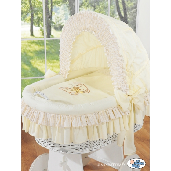 Moses Basket on Wheels - Wicker crib with hood- Bear with bow cream