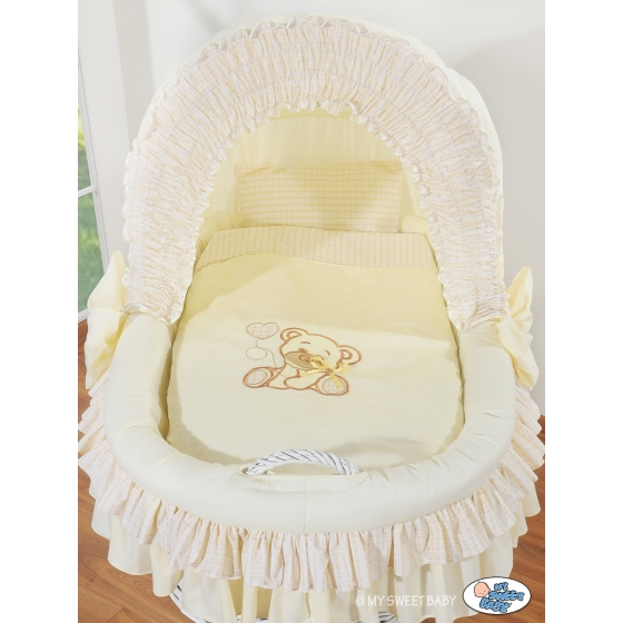 Moses Basket on Wheels - Wicker crib with hood- Bear with bow cream