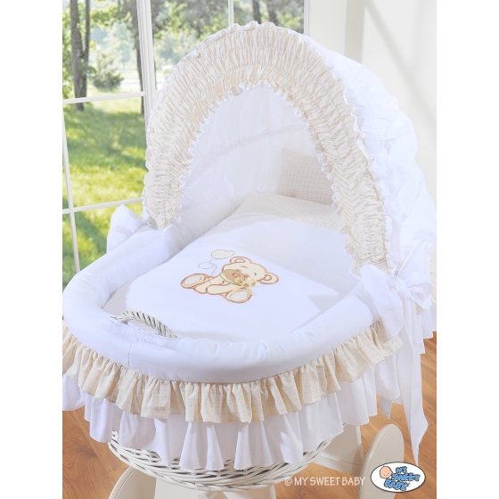 Moses Basket on Wheels - Wicker crib with hood- Bear with bow white
