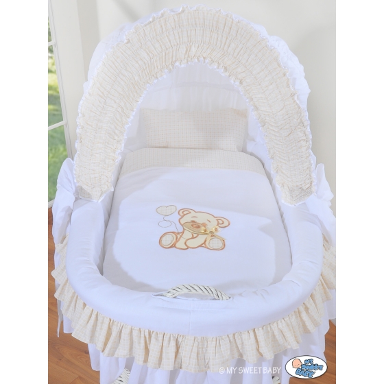 Moses Basket on Wheels - Wicker crib with hood- Bear with bow white