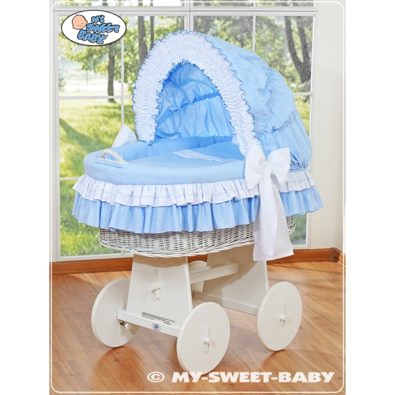 Moses Basket on Wheels - Wicker crib with hood- Bellamy blue