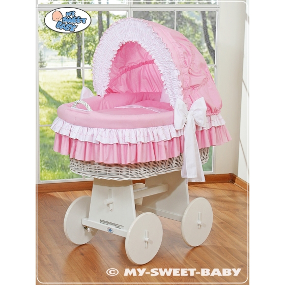 Moses Basket on Wheels - Wicker crib with hood- Bellamy pink