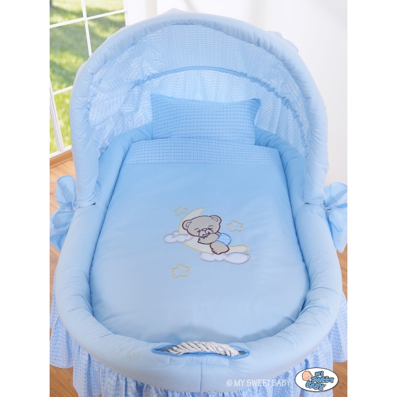 Moses Basket on Wheels - Wicker crib with hood- Good night blue