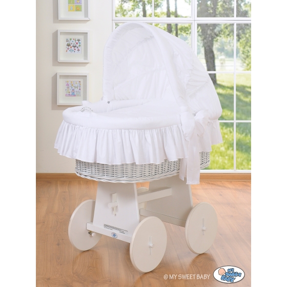 Moses Basket on Wheels - Wicker crib with hood- Good night white