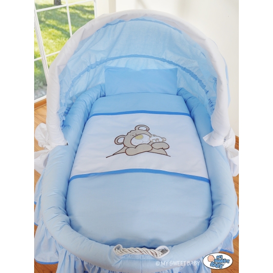 Moses Basket on Wheels - Wicker crib with hood- Teddy Bear Barnaba blau