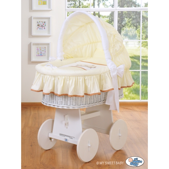 Moses Basket on Wheels - Wicker crib with hood- Teddy Bear Barnaba cream