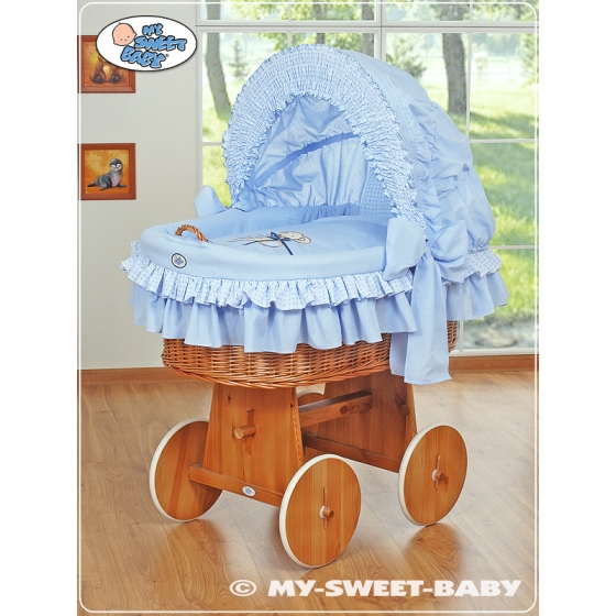 Moses Basket on Wheels - Wicker crib with hood- Teddy Bear with Bow blue