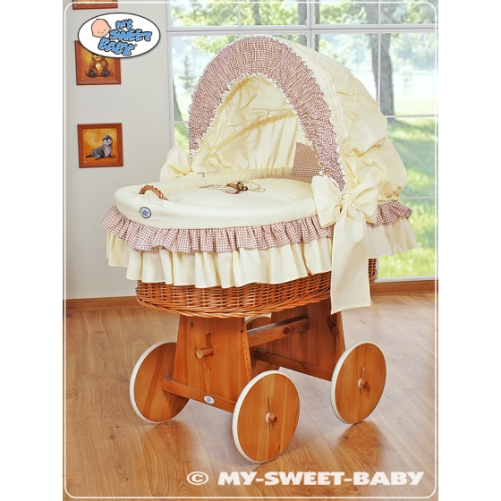 Moses Basket on Wheels - Wicker crib with hood- Teddy Bear with Bow brown