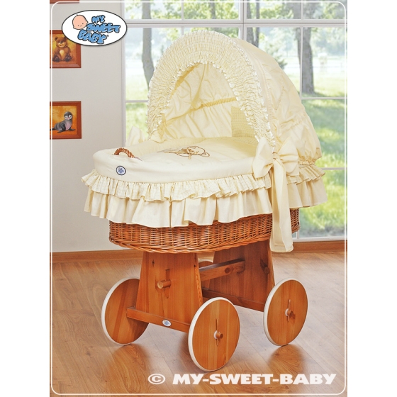 Moses Basket on Wheels - Wicker crib with hood- Teddy Bear with Bow cream