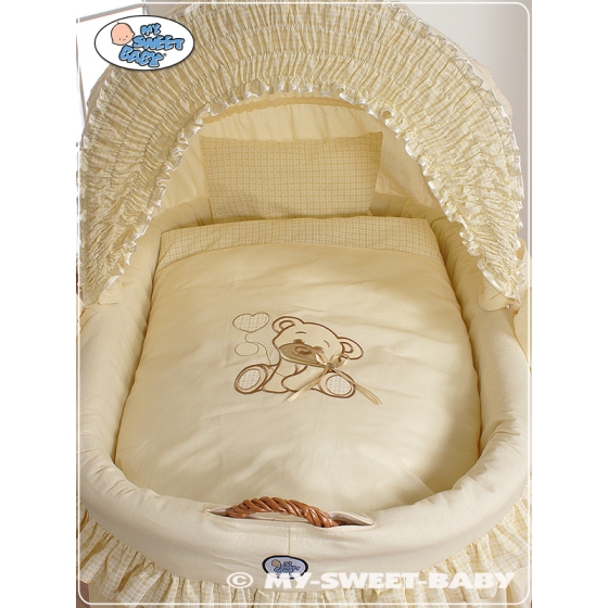 Moses Basket on Wheels - Wicker crib with hood- Teddy Bear with Bow cream