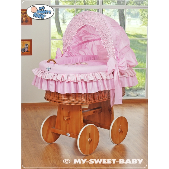 Moses Basket on Wheels - Wicker crib with hood- Teddy Bear with Bow pink