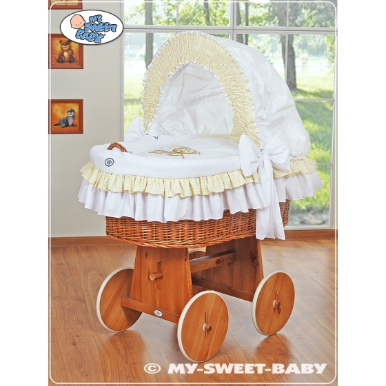 Moses Basket on Wheels - Wicker crib with hood- Teddy Bear with Bow white