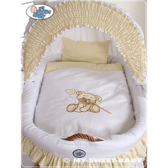 Moses Basket on Wheels - Wicker crib with hood- Teddy Bear with Bow white
