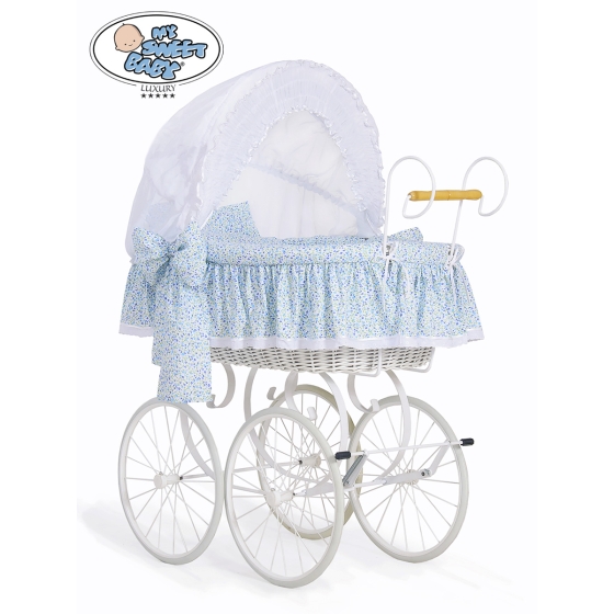 Moses Basket Vintage Retro wicker crib Jasmine - White - blue with lace