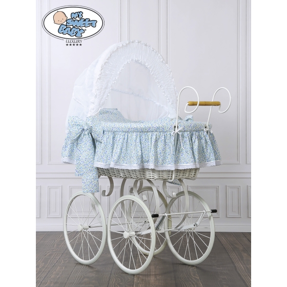 Moses Basket Vintage Retro wicker crib Jasmine - White - blue with lace