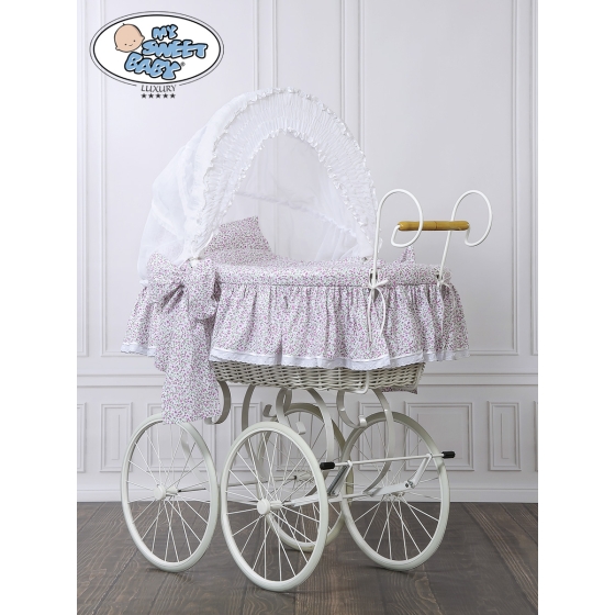 Moses Basket/Retro wicker crib Jasmine - White - pink with lace
