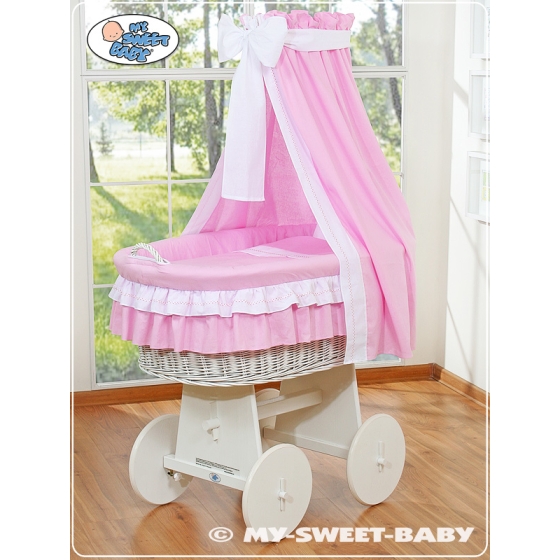 Moses Basket with Wheels / Wicker Crib with Drapes Bellamy pink