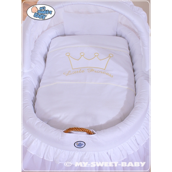 My Sweet Baby Moses Basket on Wheels - Wicker crib with hood- Little Prince/Princess white
