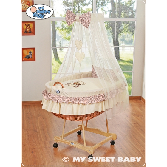 My Sweet Baby Moses Basket on Wheels / Wicker drape crib- Bear with bow brown