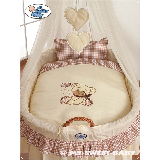 My Sweet Baby Moses Basket on Wheels / Wicker drape crib- Bear with bow brown