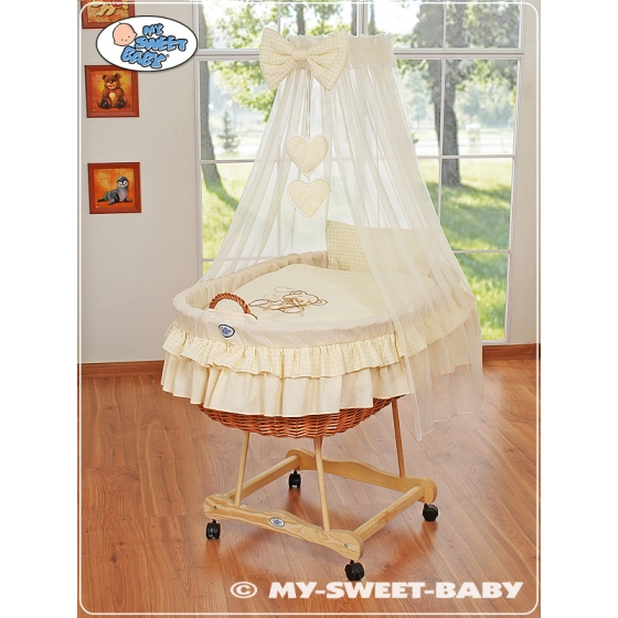 My Sweet Baby Moses Basket on Wheels / Wicker drape crib- Bear with bow cream