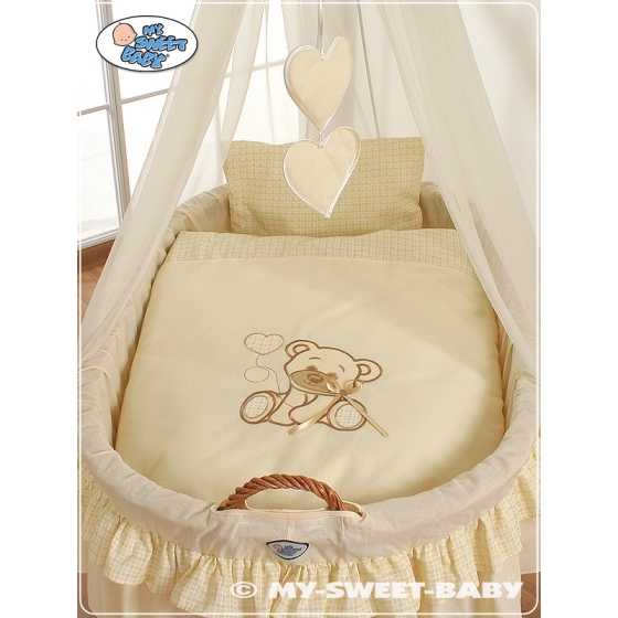 My Sweet Baby Moses Basket on Wheels / Wicker drape crib- Bear with bow cream