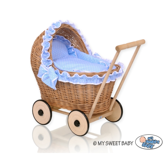 Natural Wicker and Wood Retro Style New Doll Pram  Bedding Set White Dots on Blue