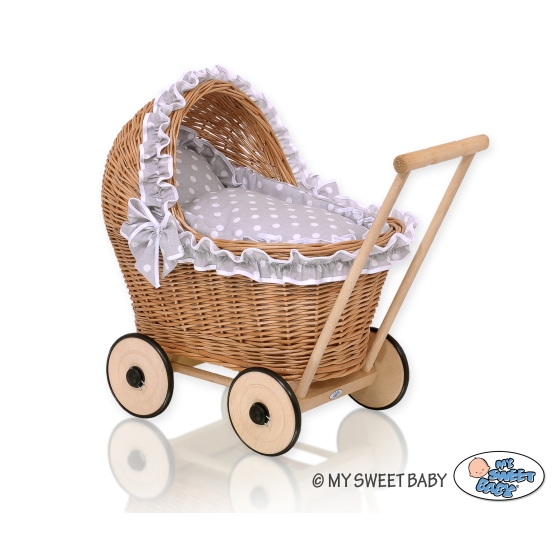Natural Wicker and Wood Retro Style New Doll Pram  Bedding Set White Dots on Gray